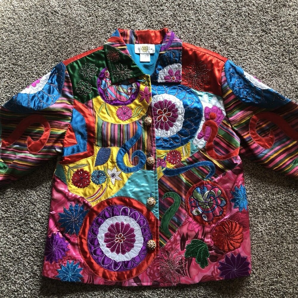 Sandy Starkman Jacket Woman Size S Patchwork Artsy Eclectic Bold Floral Appliqué
